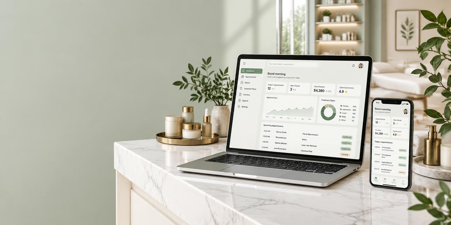 Asttona clinic platform shown on a laptop and phone